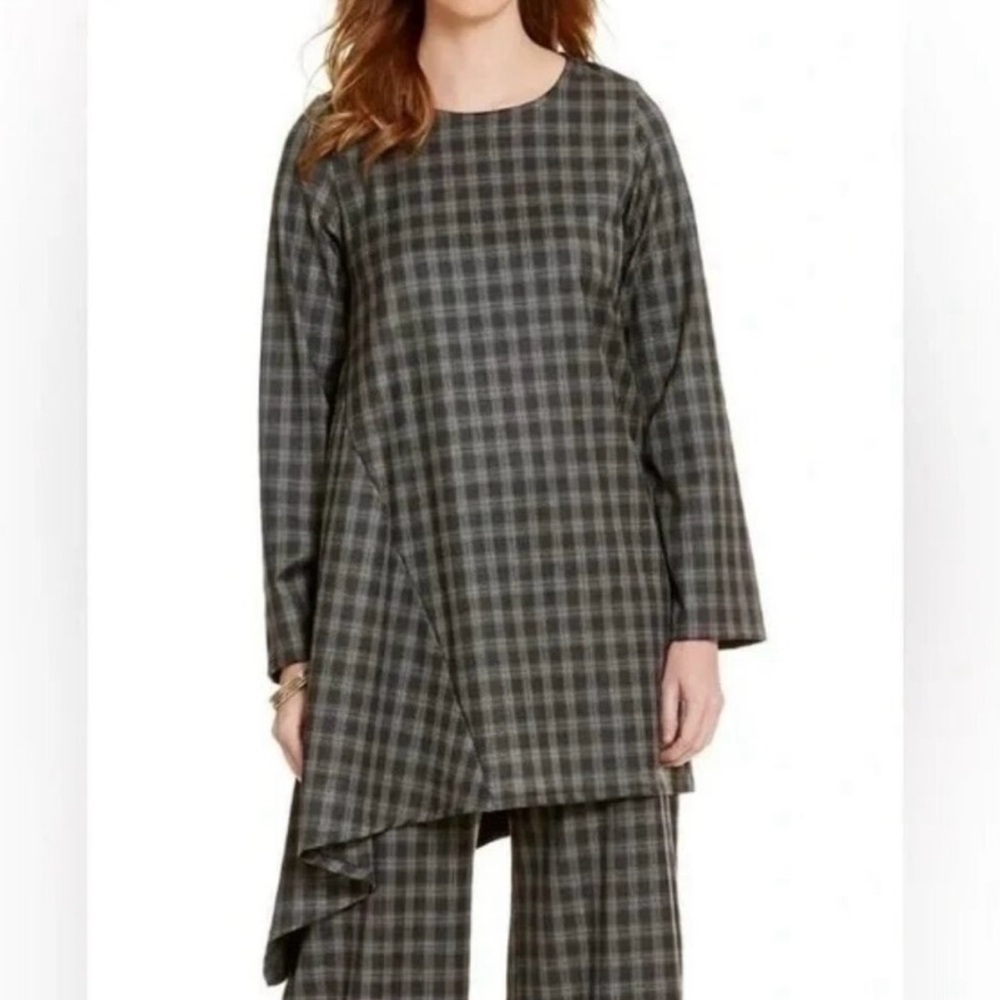 Bryn Walker Sway Asymmetrical Hem‎ Plaid Tunic Top Grey Women’s Size XL